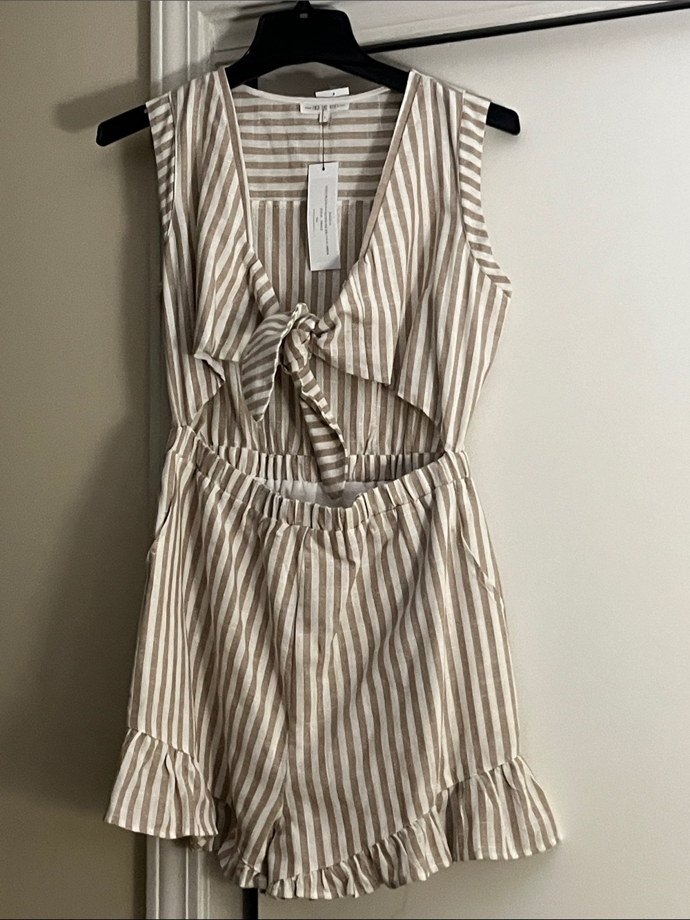 Free the Roses Beige and White Striped Tie-Front Romper